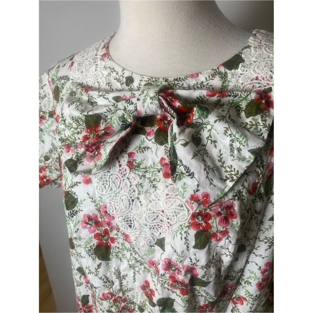 Vintage 60's Floral‎ Bow Dress M/L Cotton Handmade GrannyCore Cottagecore Retro